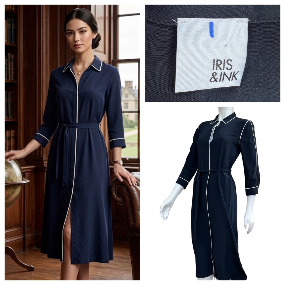 Iris & Ink Navy Blue 100% Silk Midi Shirt Dress Contrast Piping Office  Siren S